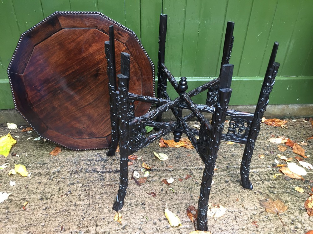 Superb quality late C19th Chinese Qing Dynasty carved hardwood occasional table on folding base. View XV
