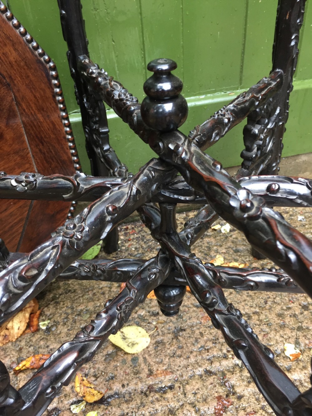 Superb quality late C19th Chinese Qing Dynasty carved hardwood occasional table on folding base. View XVII