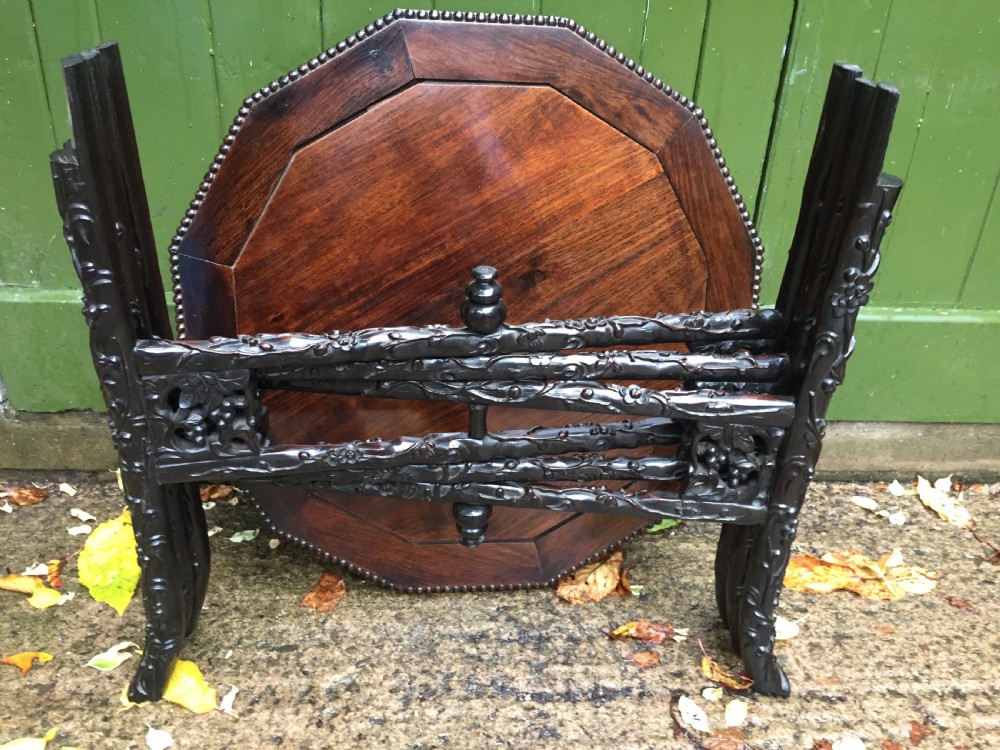 Superb quality late C19th Chinese Qing Dynasty carved hardwood occasional table on folding base. View XVIII