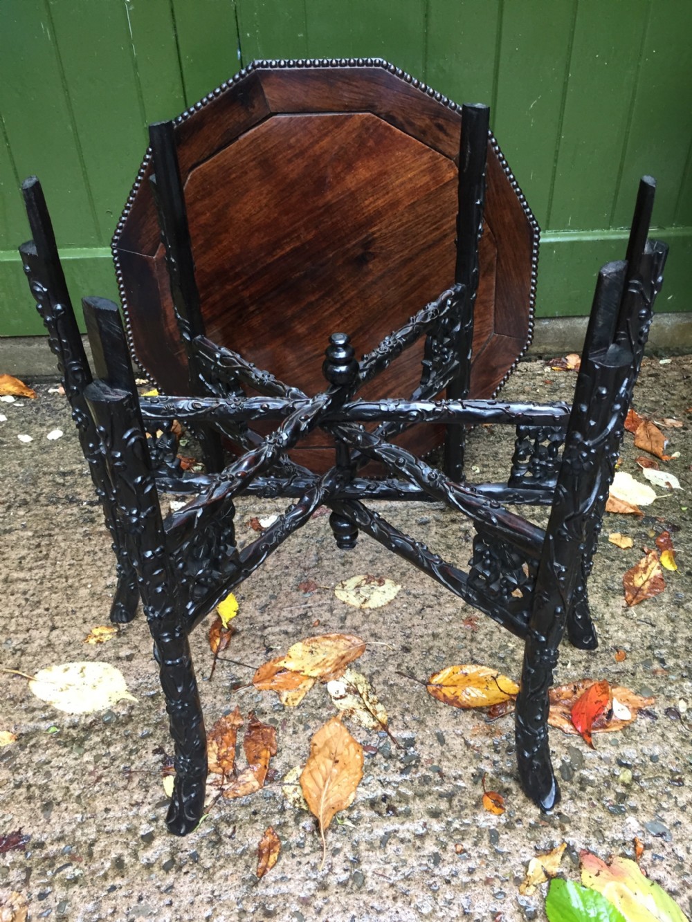 Superb quality late C19th Chinese Qing Dynasty carved hardwood occasional table on folding base. View XX