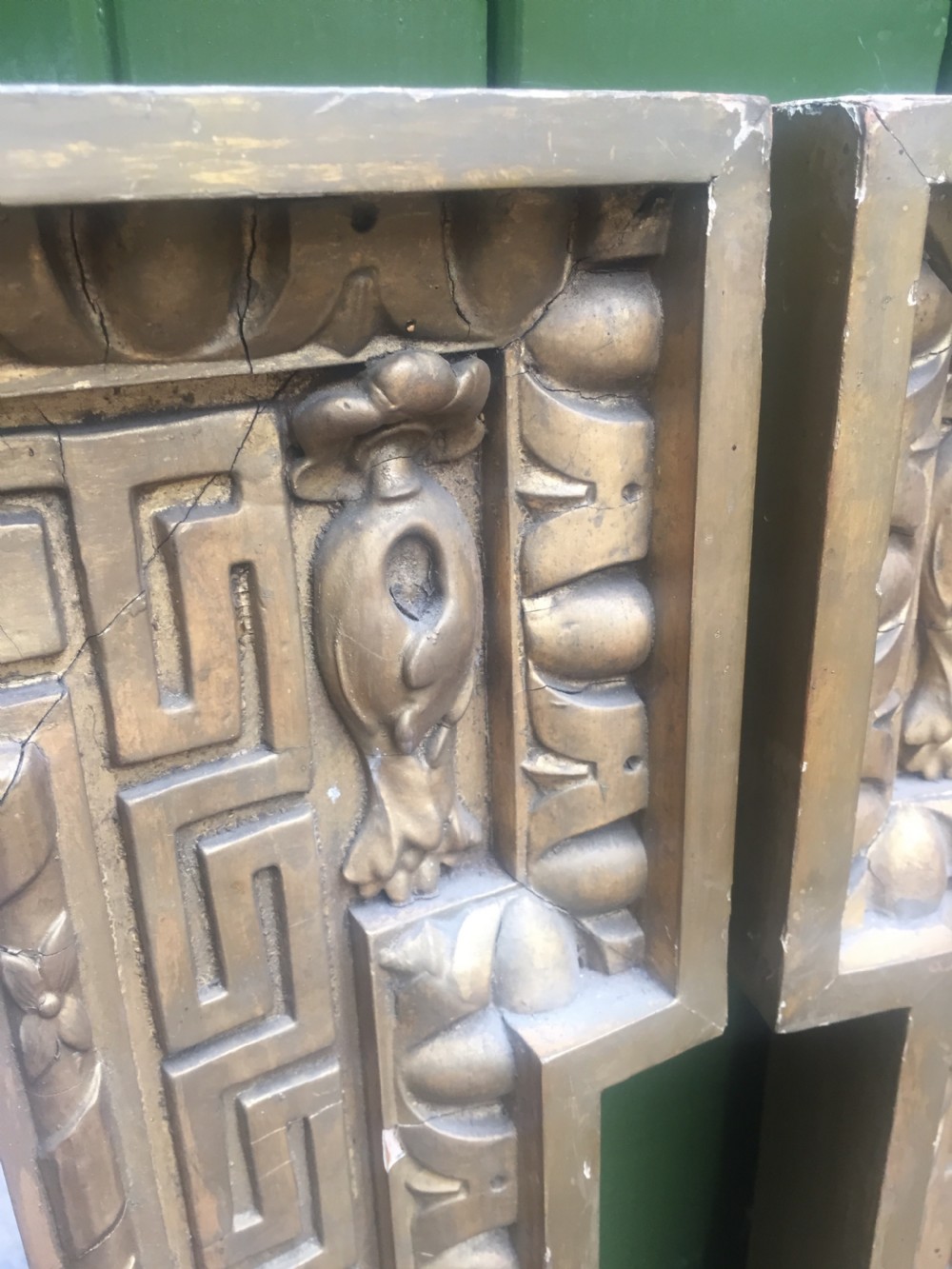 Pair of early C19th Georgian revival gilt-framed mirrors in the manner of William Kent in the Palladian architectural style . View IX