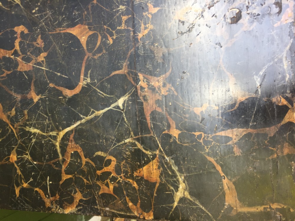 Interesting and decorative C18th George II period style carved and polished pine pier table with a faux marble slab top. View XVII