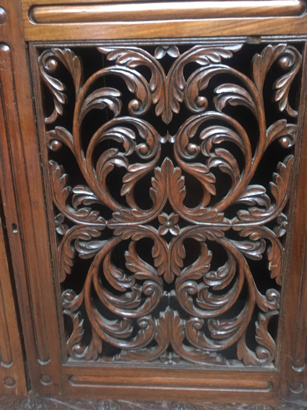 Mid C19th Anglo-Indian carved padauk or rosewood dwarf bookcase or side cabinet . View V