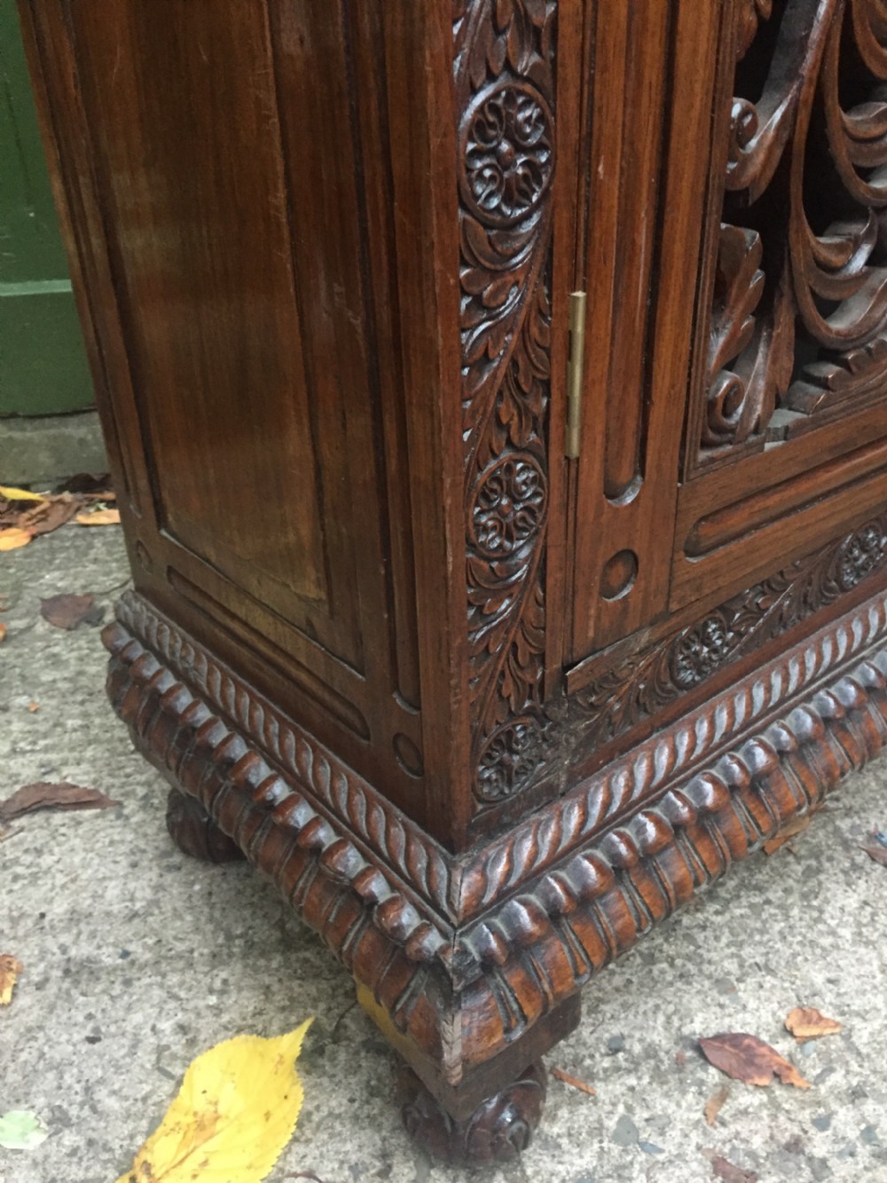 Mid C19th Anglo-Indian carved padauk or rosewood dwarf bookcase or side cabinet . View XI
