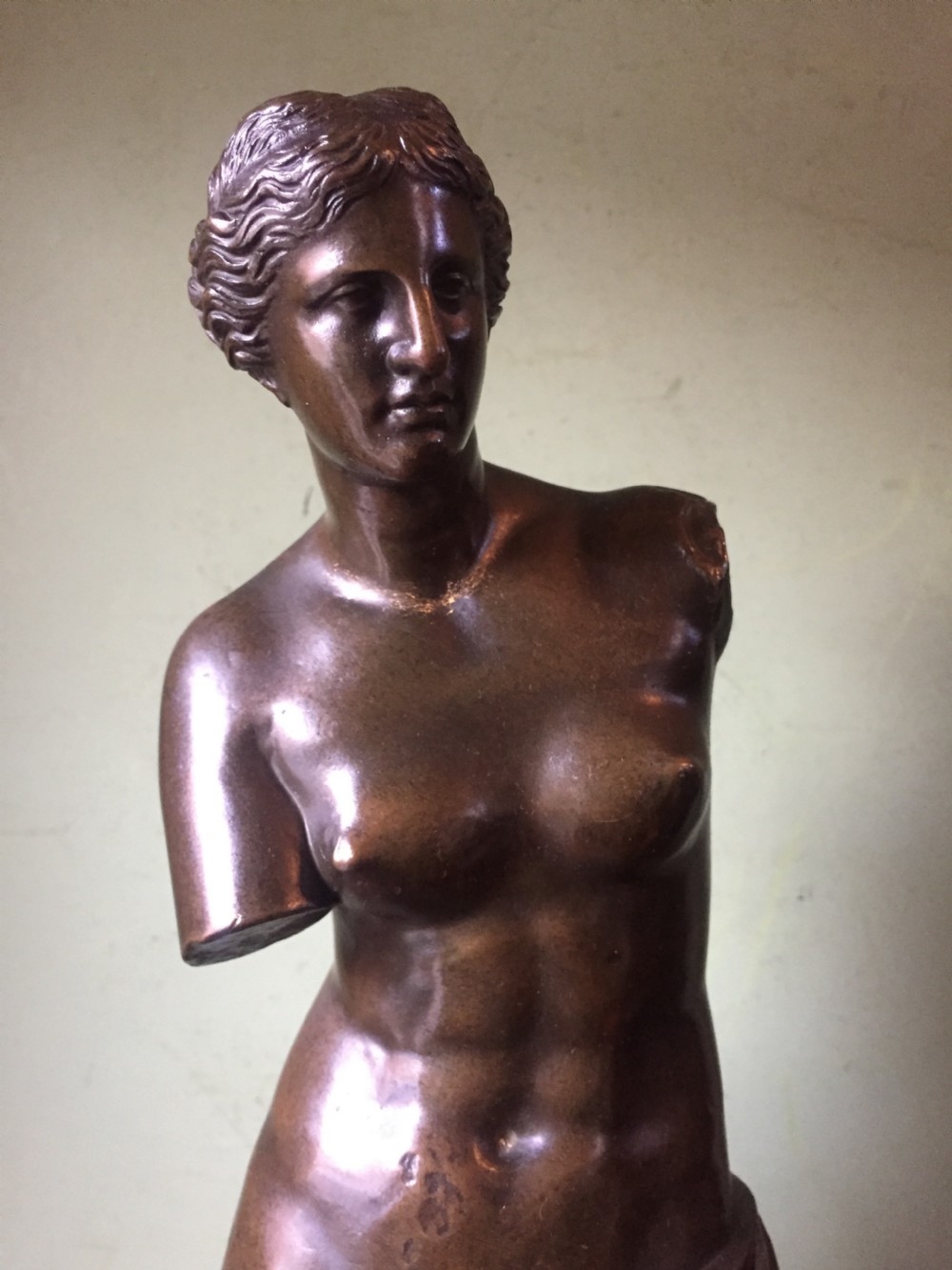 A late nineteenth-century dark bronze sculpture of the armless Venus de Milo standing on an integrated rectangular base. View V