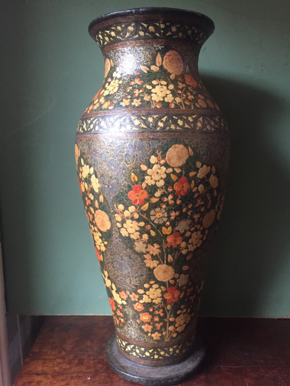 Superbly decorated C19th Indian Kashmiri papier-mâché vase of large scale.