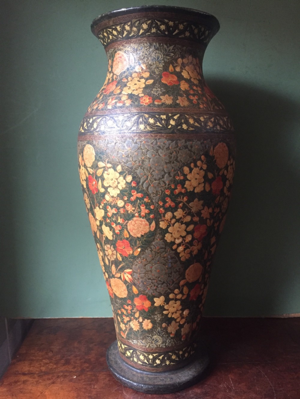 Superbly decorated C19th Indian Kashmiri papier-mâché vase of large scale. View II