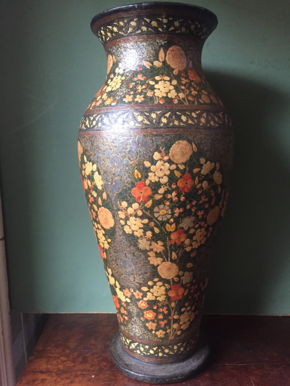 Superbly decorated C19th Indian Kashmiri papier-mâché vase of large scale. View III