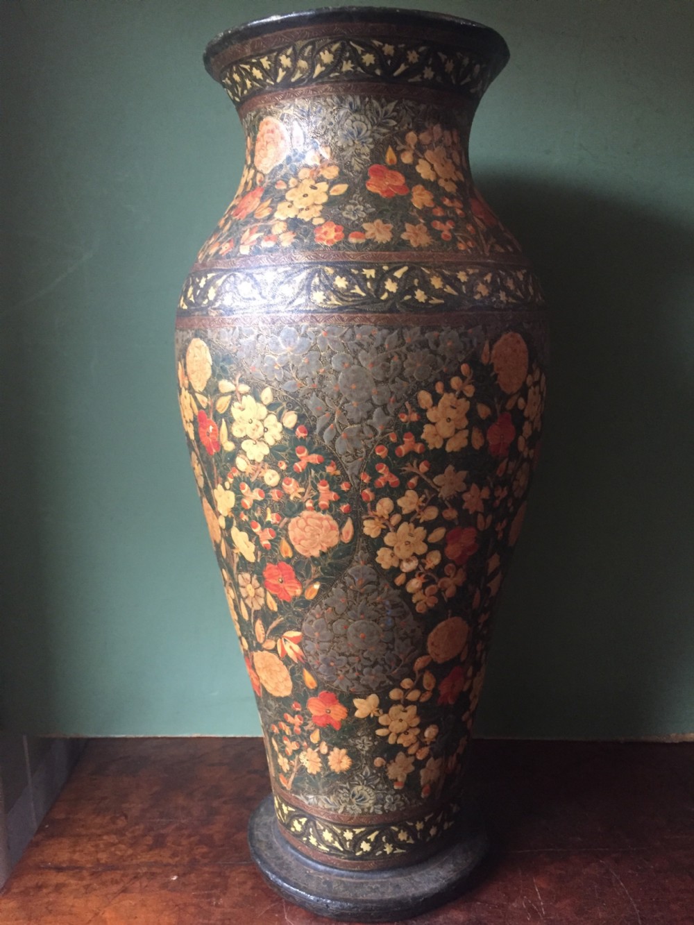 Superbly decorated C19th Indian Kashmiri papier-mâché vase of large scale. View V