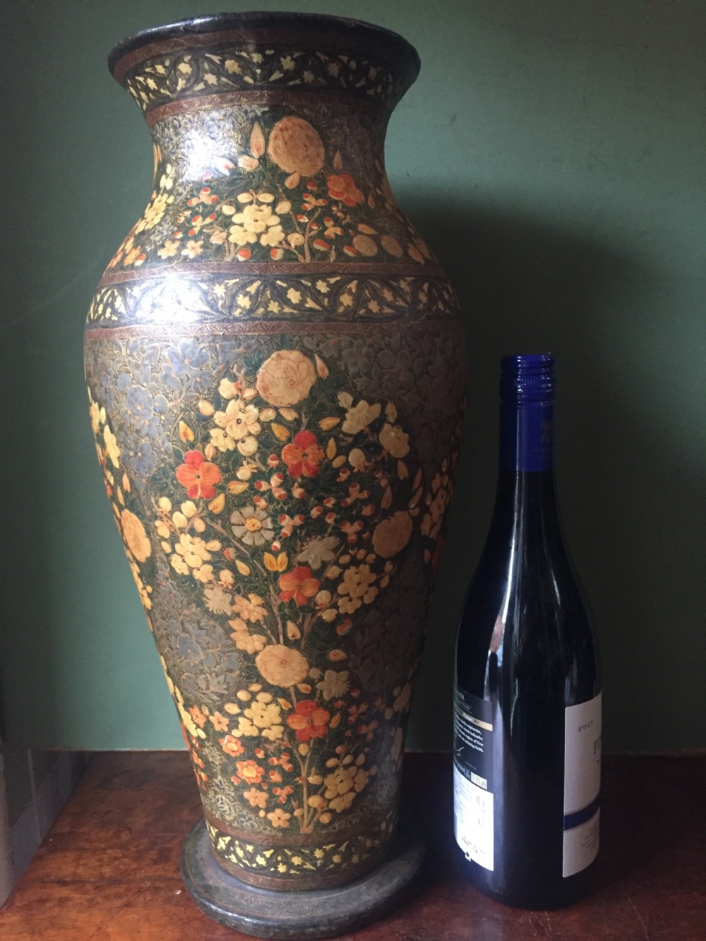 Superbly decorated C19th Indian Kashmiri papier-mâché vase of large scale. View XIV