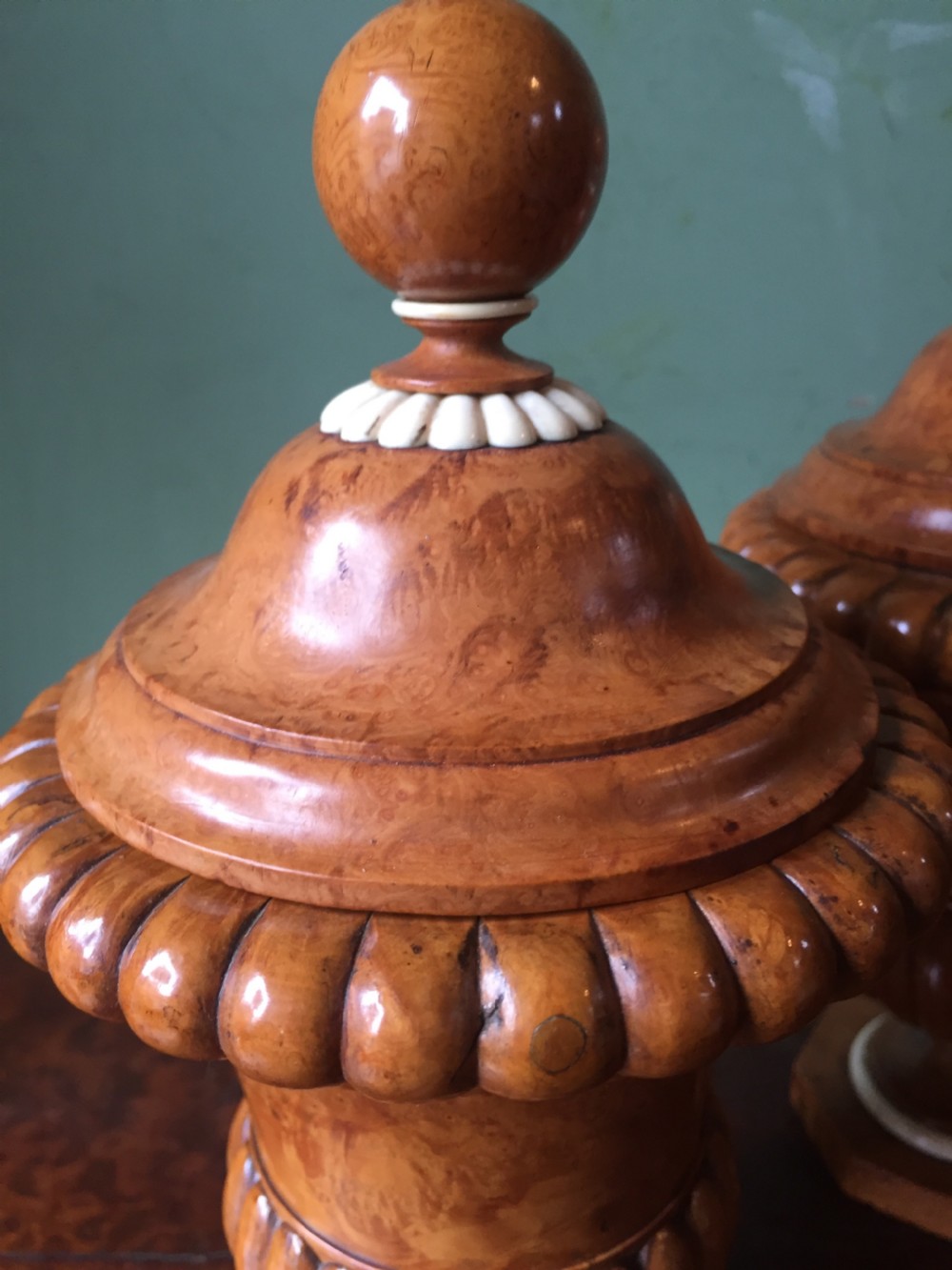 Pair of mid C19th ivory mounted burr fruit-wood lidded urns of classical campana design  View VII