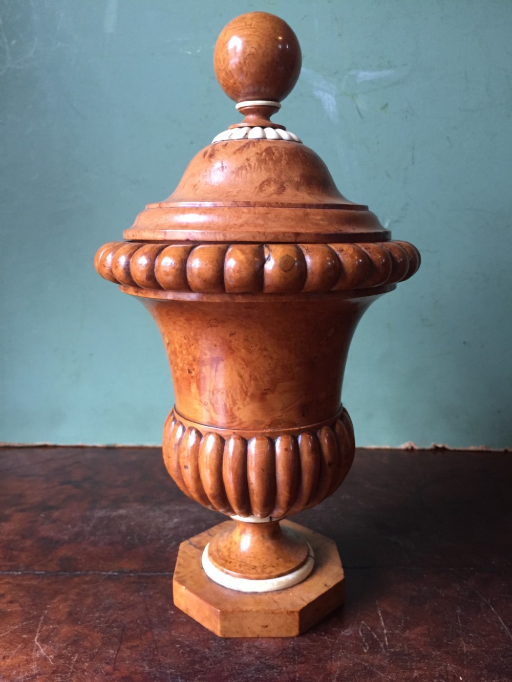 Pair of mid C19th ivory mounted burr fruit-wood lidded urns of classical campana design  View VIII
