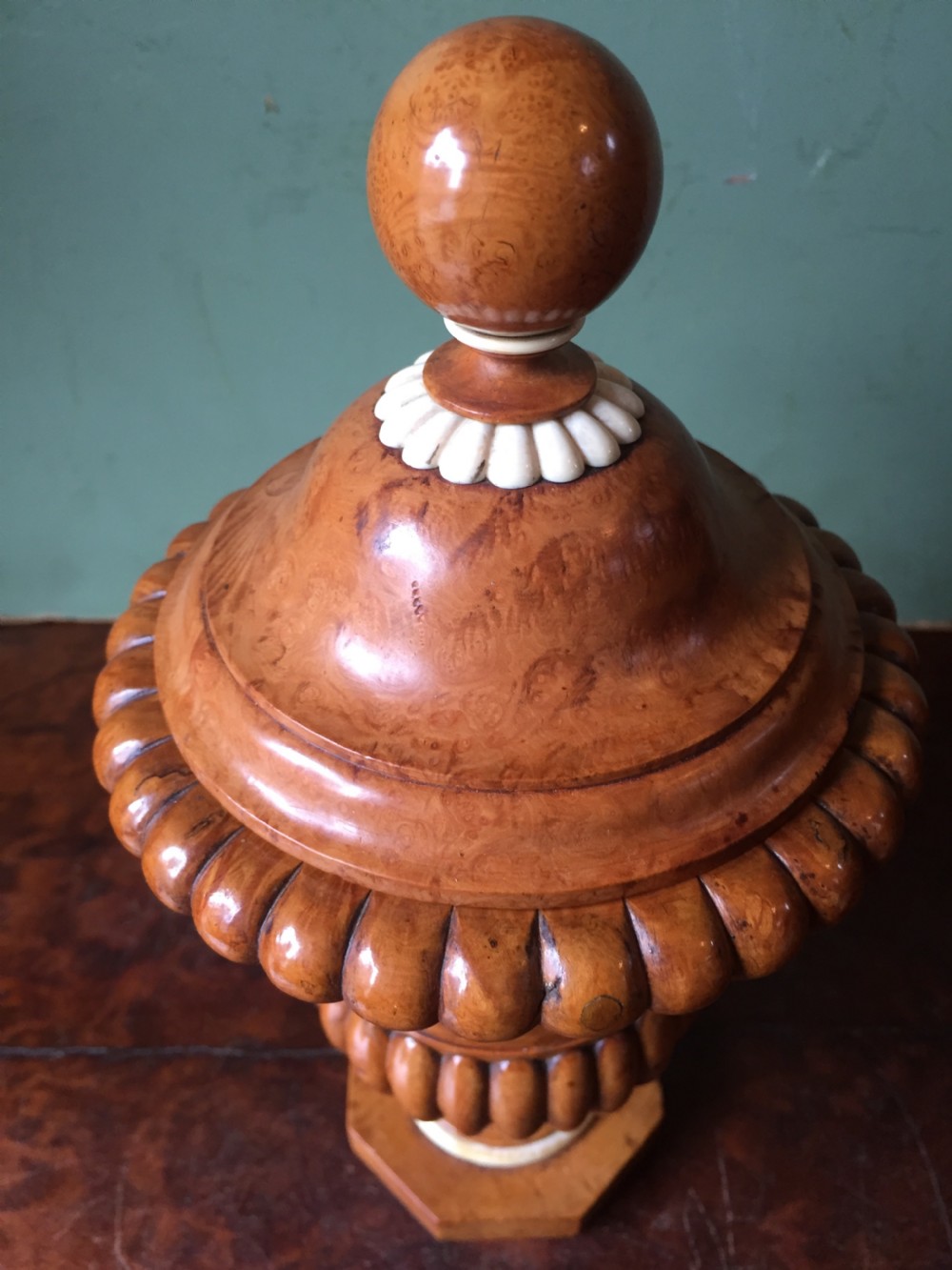 Pair of mid C19th ivory mounted burr fruit-wood lidded urns of classical campana design  View IX