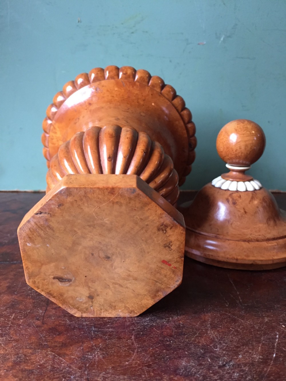 Pair of mid C19th ivory mounted burr fruit-wood lidded urns of classical campana design  View XII