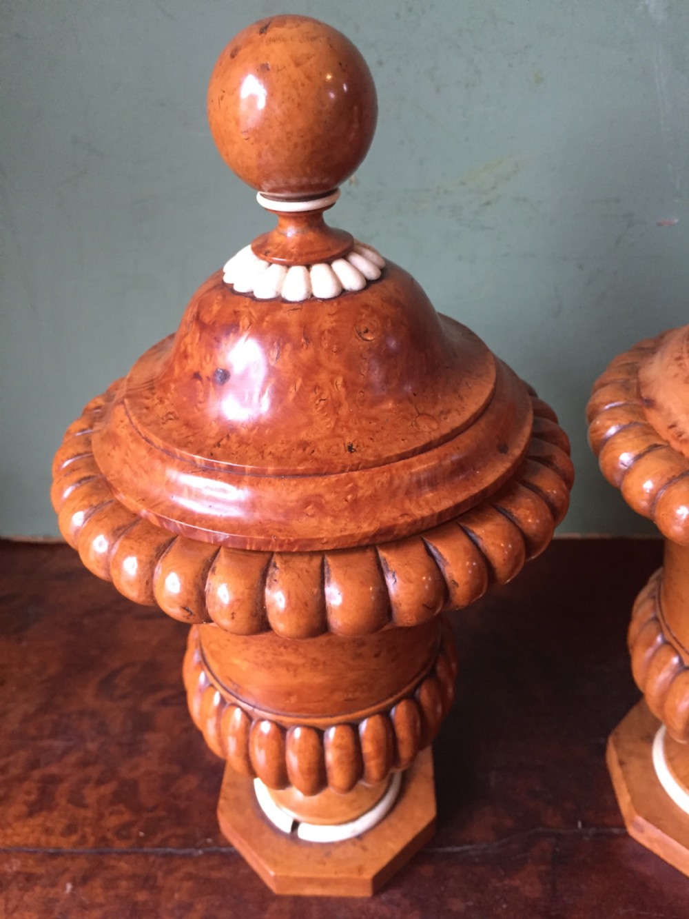 Pair of mid C19th ivory mounted burr fruit-wood lidded urns of classical campana design  View XIX