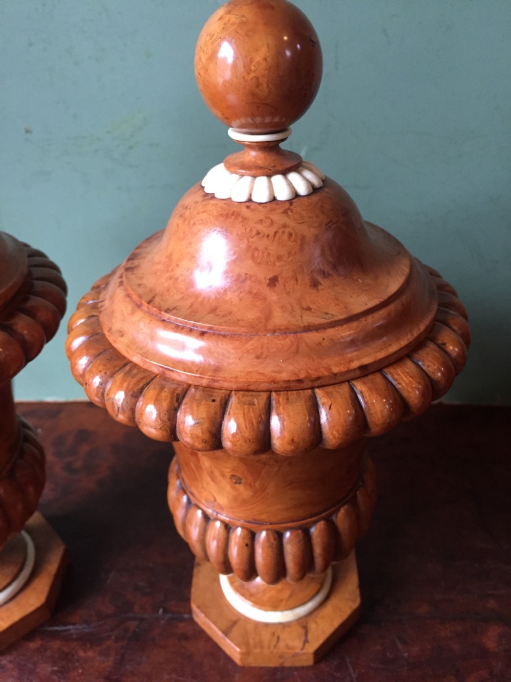 Pair of mid C19th ivory mounted burr fruit-wood lidded urns of classical campana design  View XX