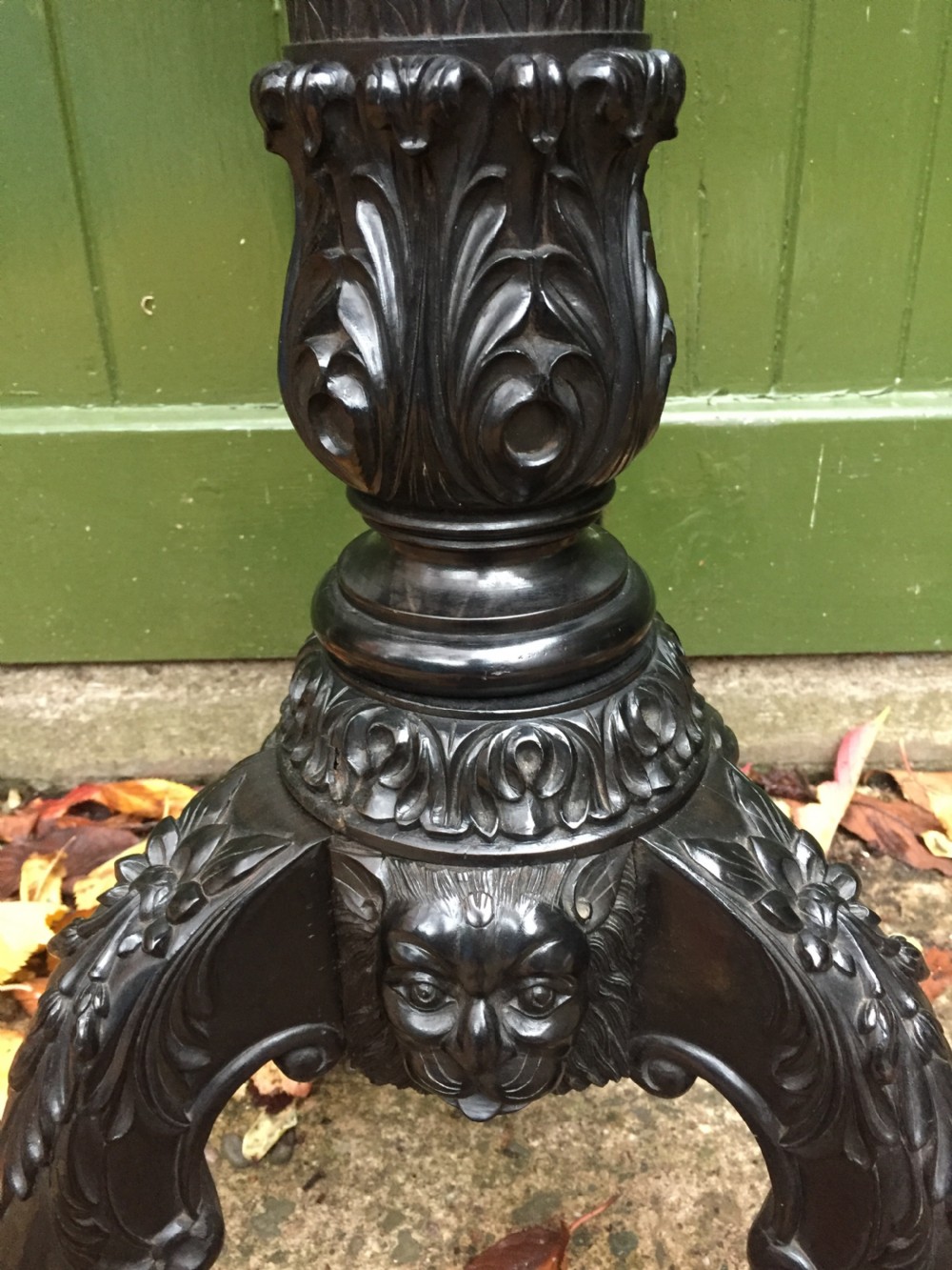 Rare mid C19th Anglo-Indian carved solid ebony candlestand of outstanding quality. View VI