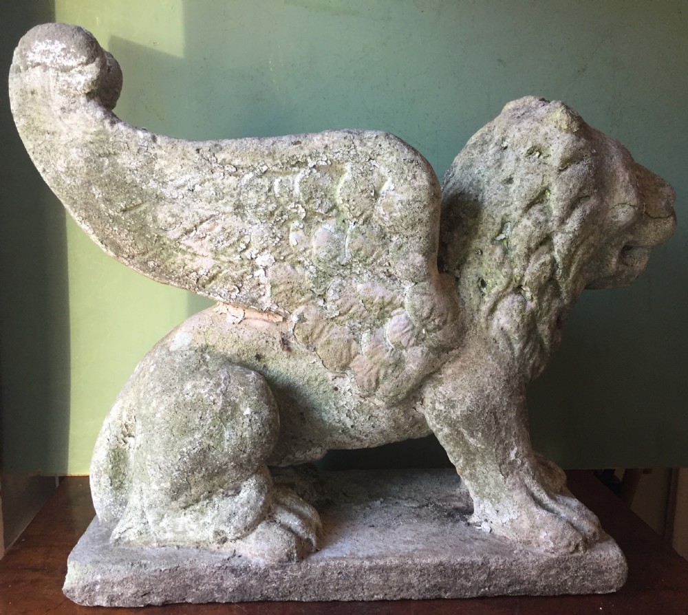 Early C20th composition stone sculpture of a winged lion , probably depicting the Lion of St. Mark. View V