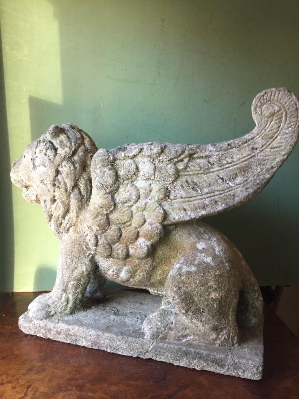 Early C20th composition stone sculpture of a winged lion , probably depicting the Lion of St. Mark. View VI