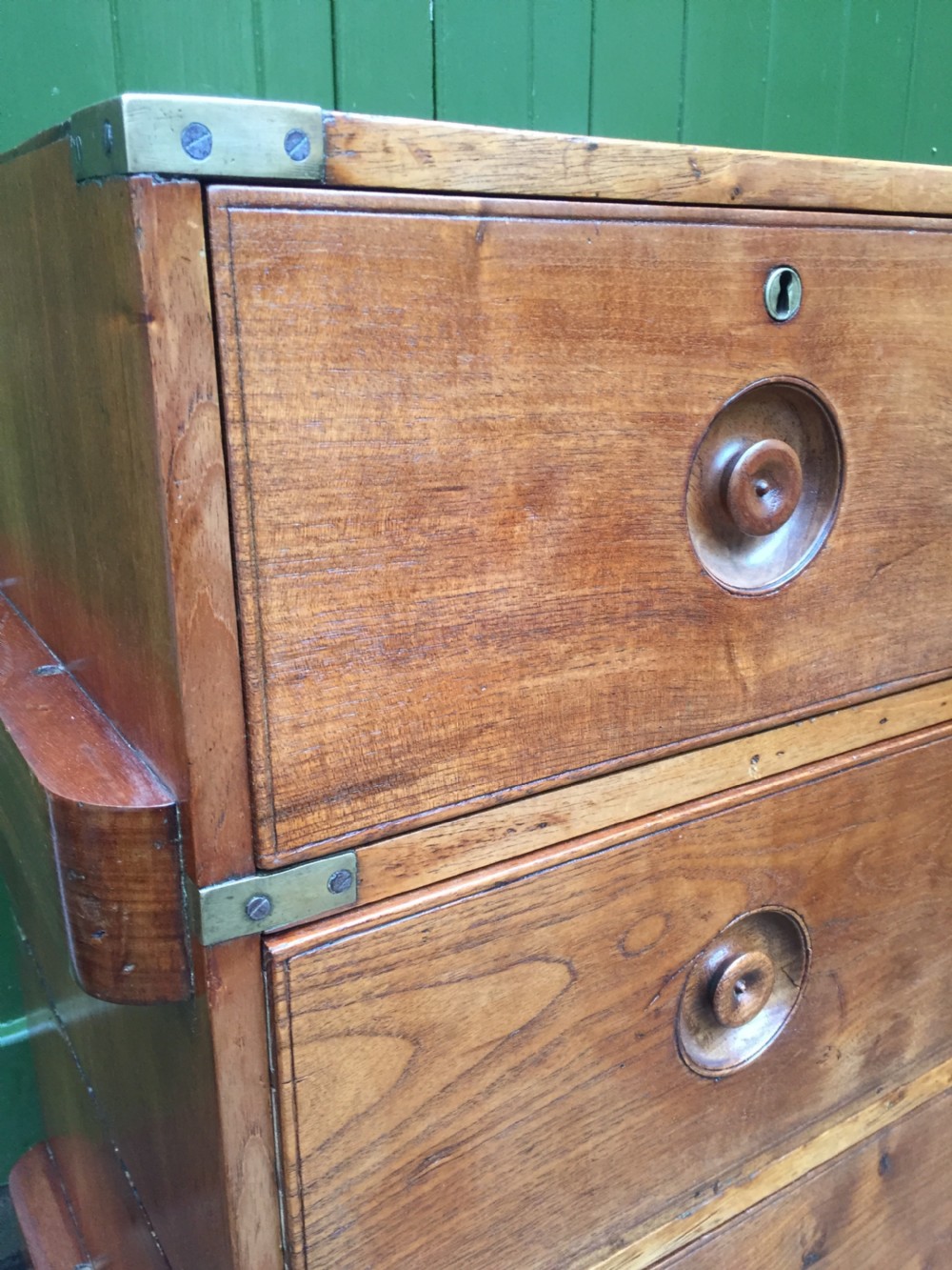 C19th Naval Officer's  brass-bound teak 2-part campaign chest of drawers . View V