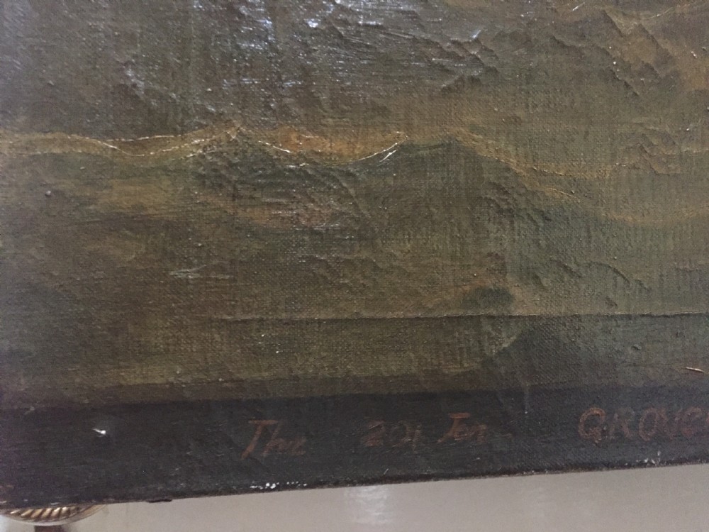 C19th signed marine oil painting on canvas study of a merchant or trading ship in full sail with interesting inscription. View II