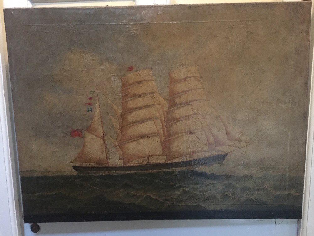 C19th signed marine oil painting on canvas study of a merchant or trading ship in full sail with interesting inscription. View III