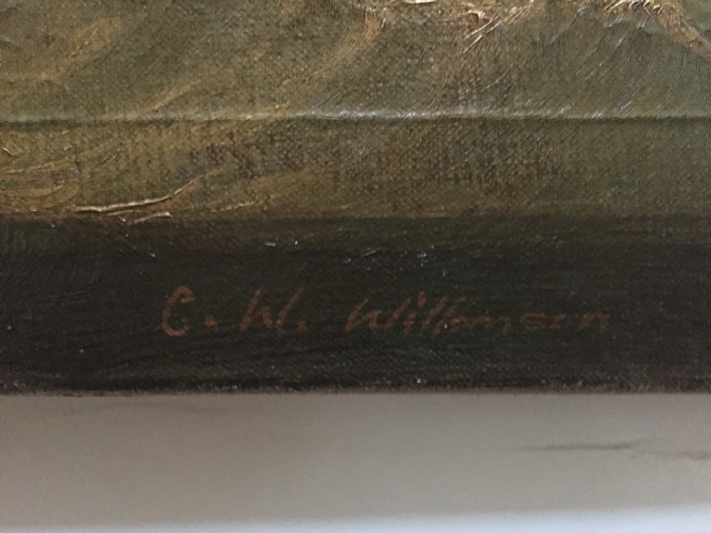 C19th signed marine oil painting on canvas study of a merchant or trading ship in full sail with interesting inscription. View V