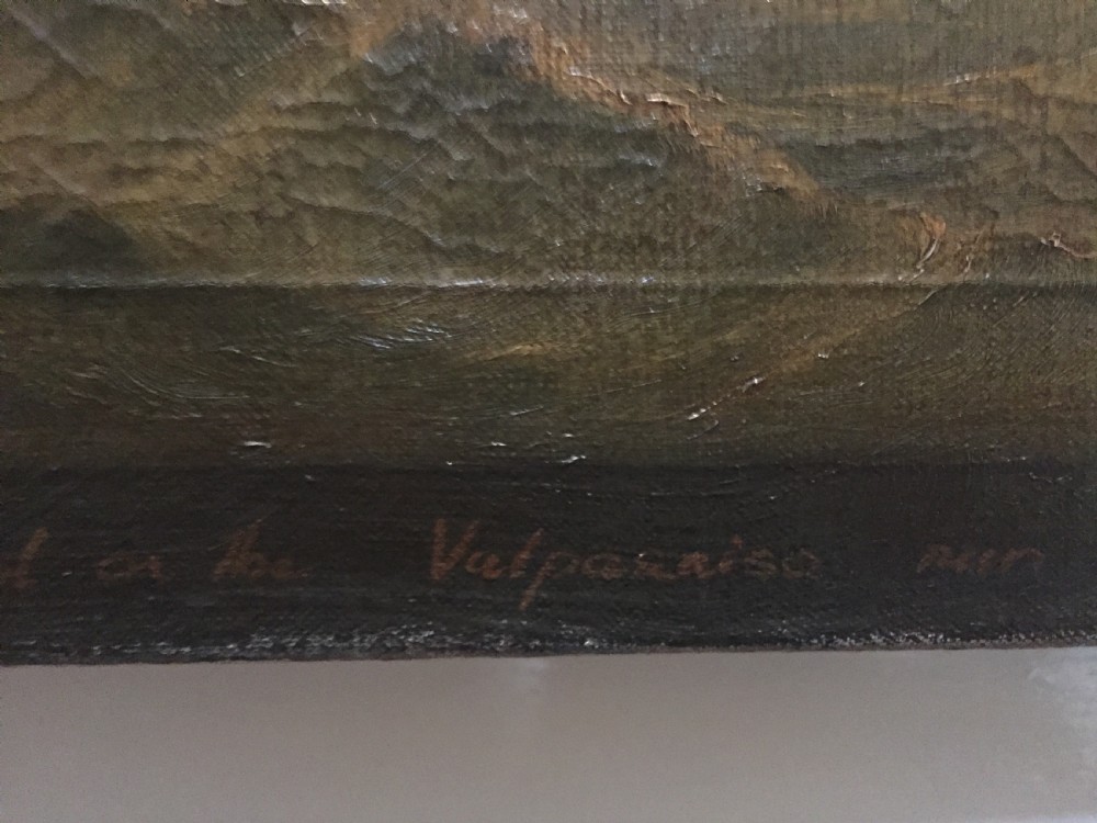 C19th signed marine oil painting on canvas study of a merchant or trading ship in full sail with interesting inscription. View VI