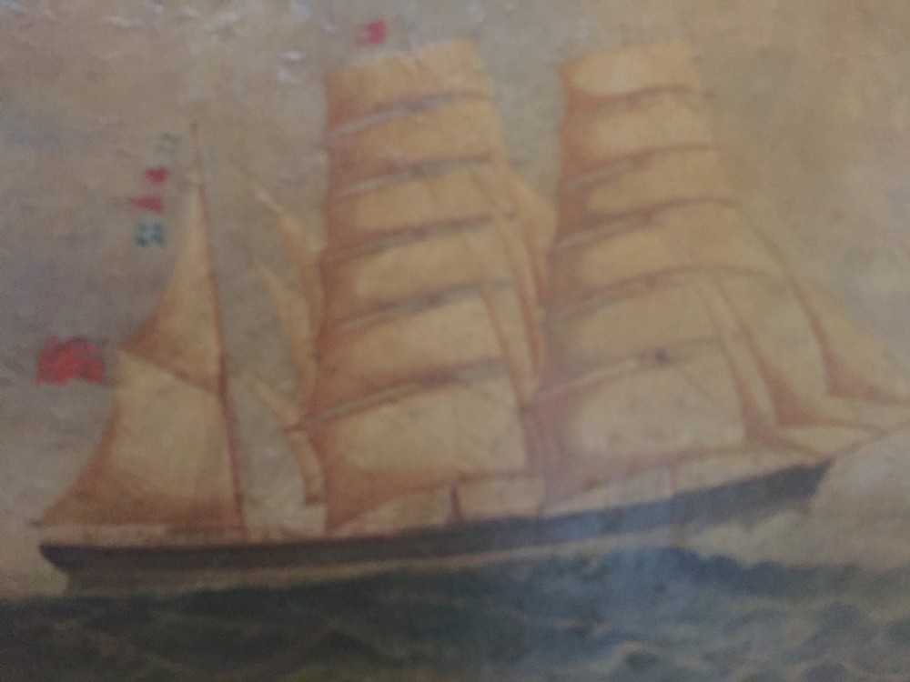 C19th signed marine oil painting on canvas study of a merchant or trading ship in full sail with interesting inscription. View VII