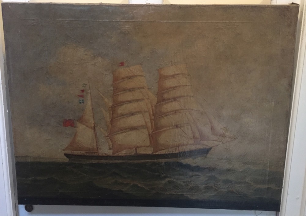 C19th signed marine oil painting on canvas study of a merchant or trading ship in full sail with interesting inscription. View VIII