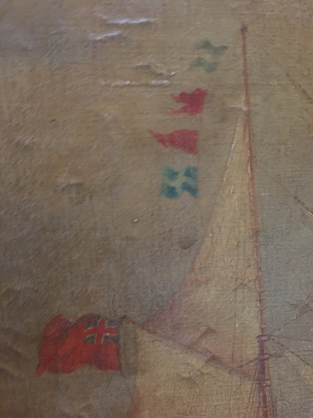 C19th signed marine oil painting on canvas study of a merchant or trading ship in full sail with interesting inscription. View IX