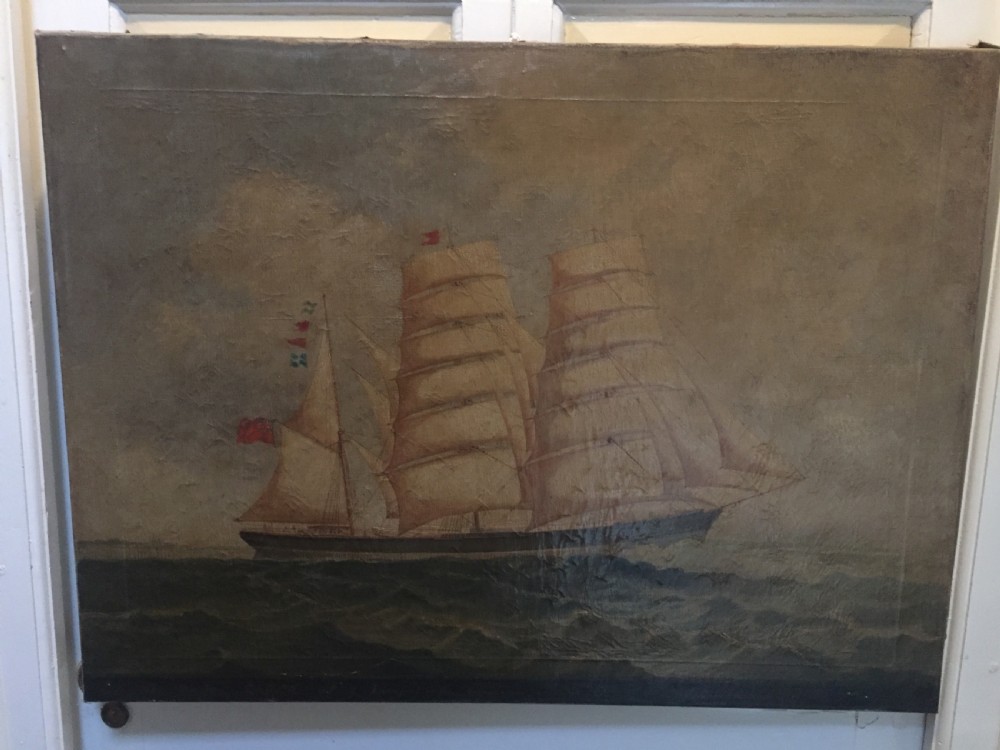 C19th signed marine oil painting on canvas study of a merchant or trading ship in full sail with interesting inscription. View X