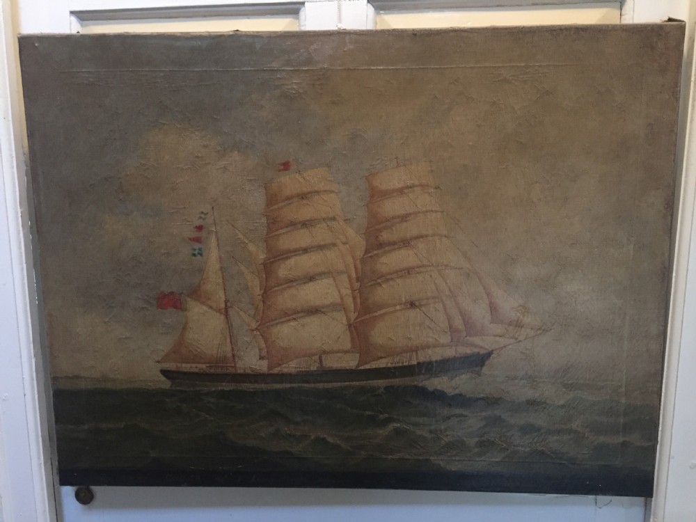 C19th signed marine oil painting on canvas study of a merchant or trading ship in full sail with interesting inscription. View XI