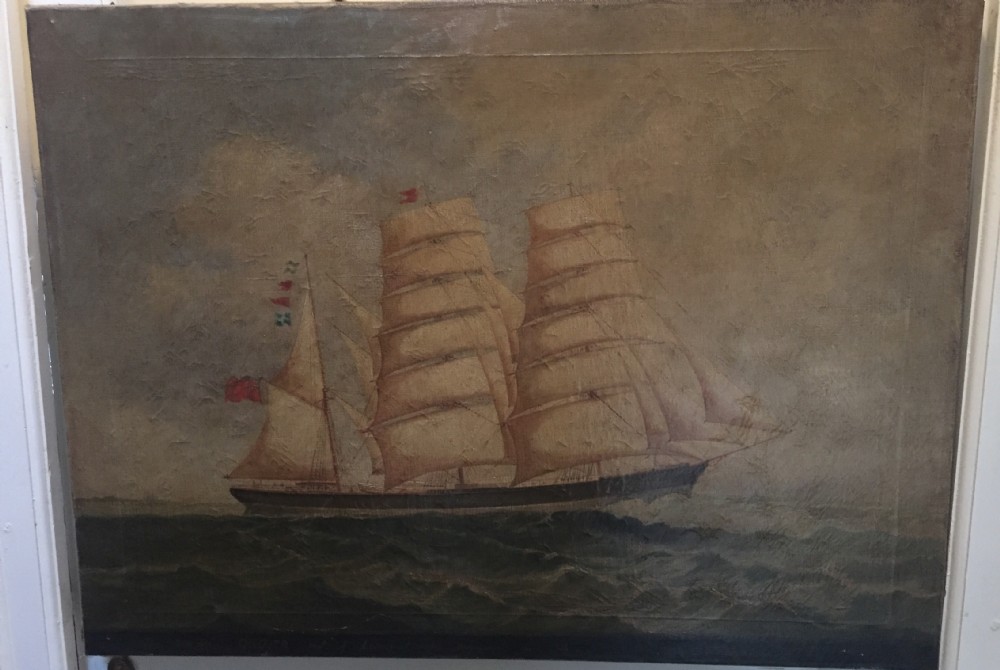 C19th signed marine oil painting on canvas study of a merchant or trading ship in full sail with interesting inscription.