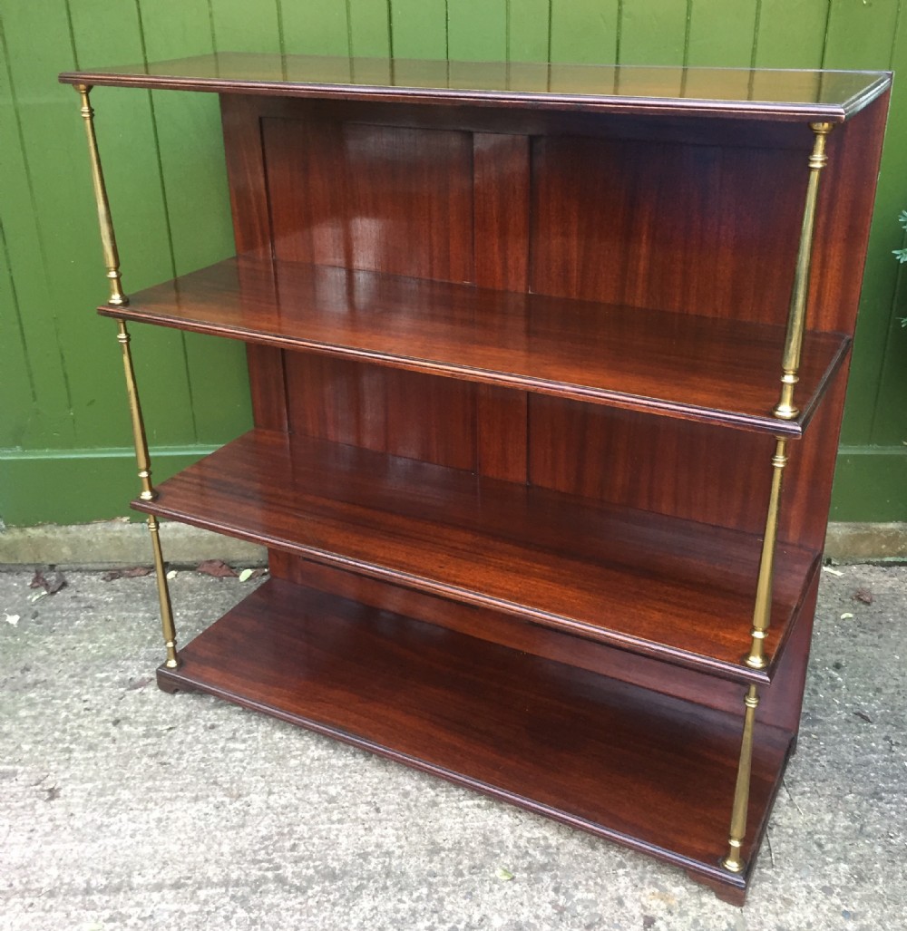Late C19th mahogany and brass column support 3-tier open book-shelves or display stand .