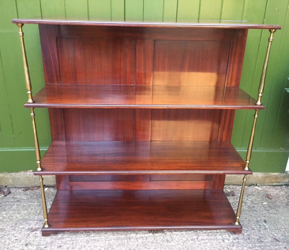 Late C19th mahogany and brass column support 3-tier open book-shelves or display stand . View V