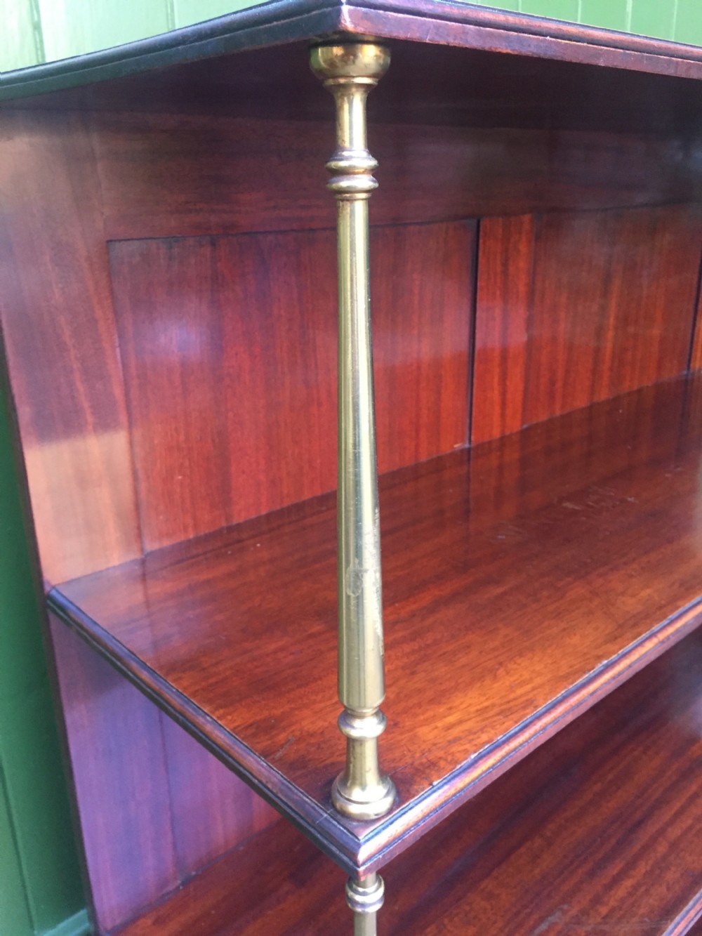 Late C19th mahogany and brass column support 3-tier open book-shelves or display stand . View VI