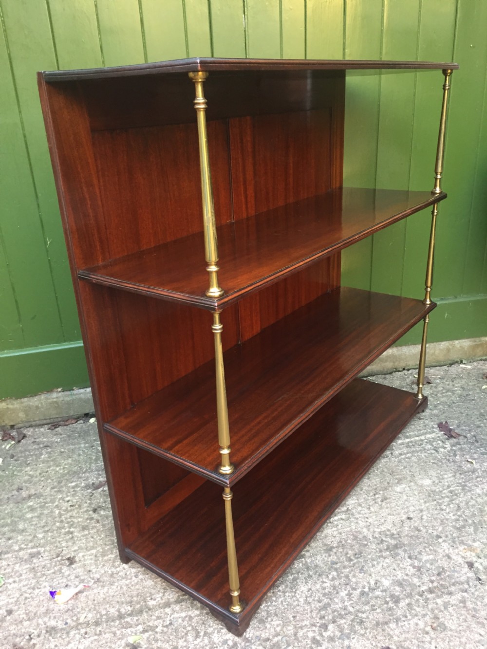 Late C19th mahogany and brass column support 3-tier open book-shelves or display stand . View IX