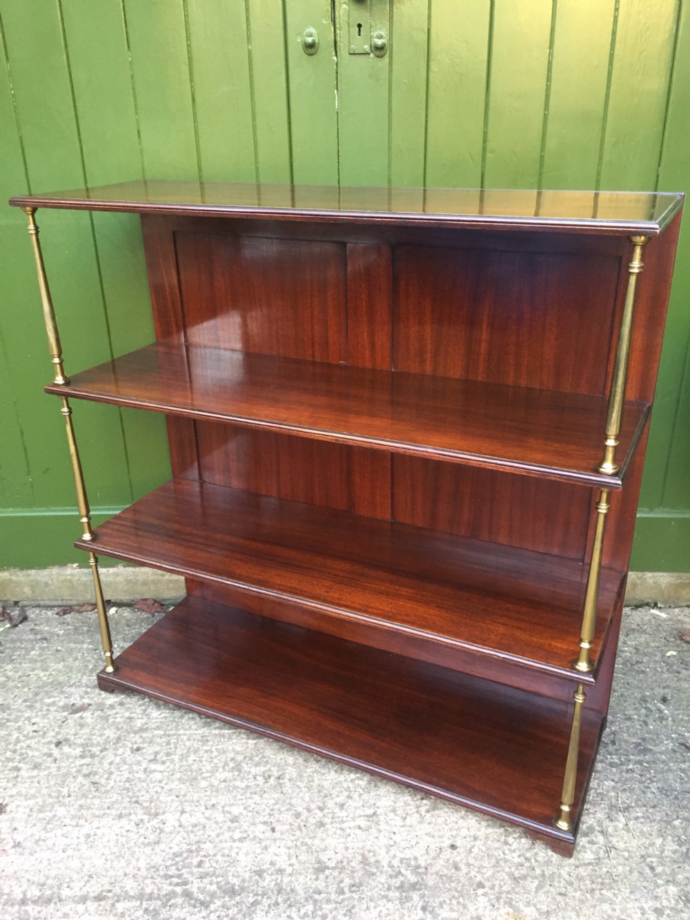 Late C19th mahogany and brass column support 3-tier open book-shelves or display stand . View XII