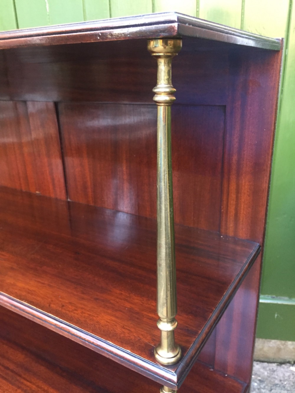 Late C19th mahogany and brass column support 3-tier open book-shelves or display stand . View XIV