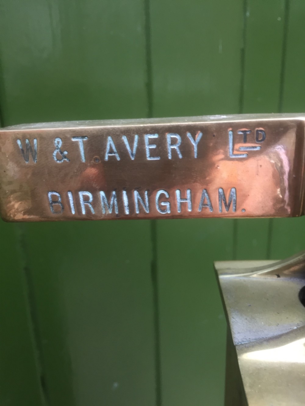 A set of late Victorian or Edwardian oak and brass floor-standing scales by W. & T. Avery Ltd. , Birmingham. View IV
