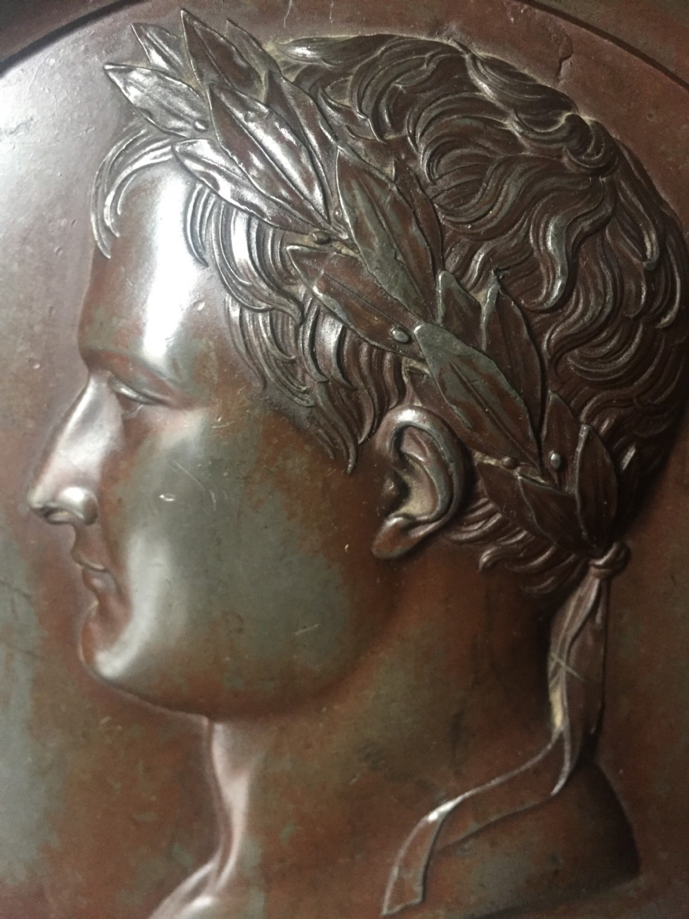 A pair of circular turned mahogany frames enclosing dark bronzed relief profile portraits of Napoleon and Marie-Louise under glass. View V