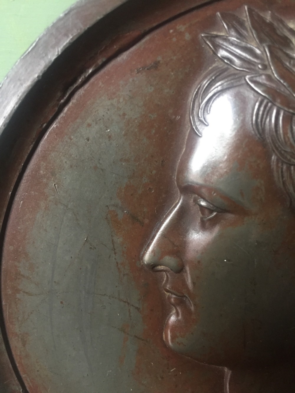 A pair of circular turned mahogany frames enclosing dark bronzed relief profile portraits of Napoleon and Marie-Louise under glass. View VII
