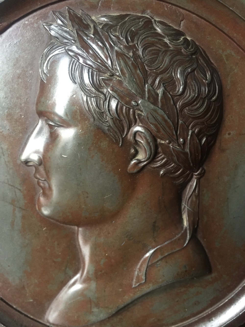A pair of circular turned mahogany frames enclosing dark bronzed relief profile portraits of Napoleon and Marie-Louise under glass. View XI