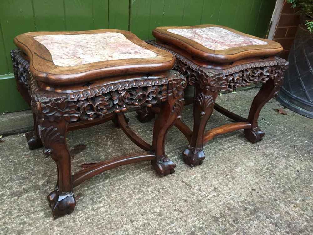 Pair of late C19th Chinese Qing Dynasty carved hardwood inset marble top low jardiniere stands or end tables. View II