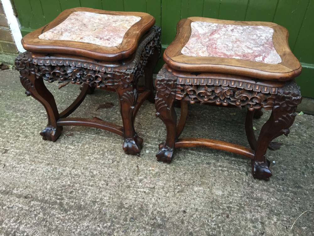 Pair of late C19th Chinese Qing Dynasty carved hardwood inset marble top low jardiniere stands or end tables. View III