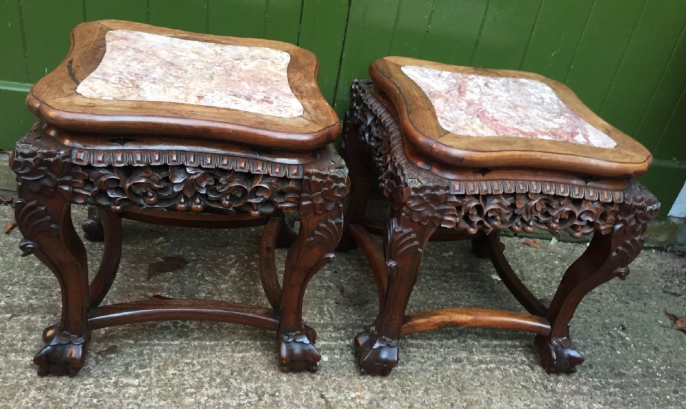 Pair of late C19th Chinese Qing Dynasty carved hardwood inset marble top low jardiniere stands or end tables. View IV