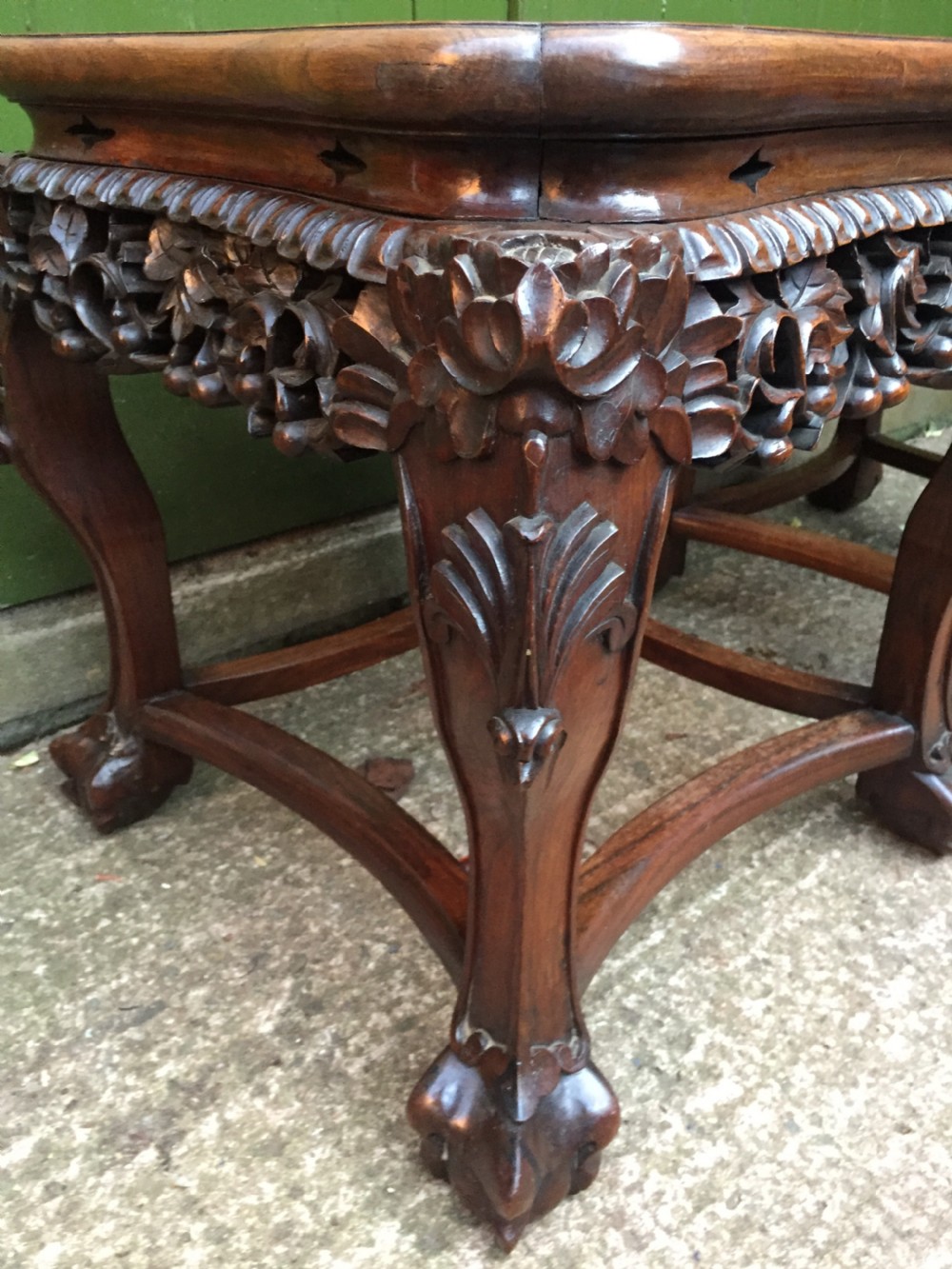 Pair of late C19th Chinese Qing Dynasty carved hardwood inset marble top low jardiniere stands or end tables. View V