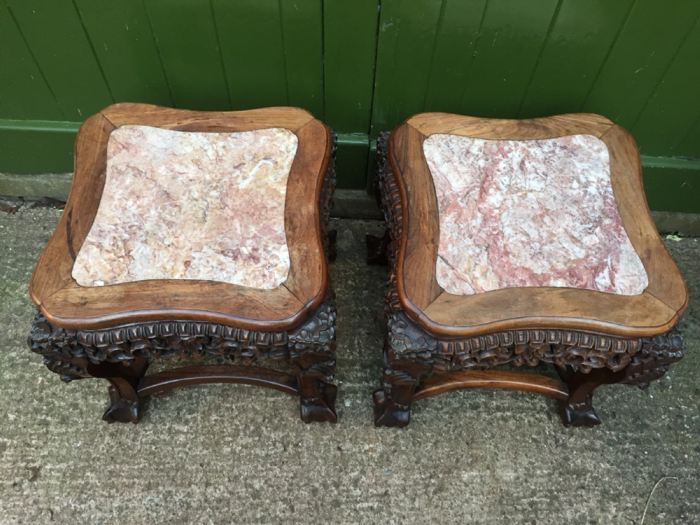 Pair of late C19th Chinese Qing Dynasty carved hardwood inset marble top low jardiniere stands or end tables. View VI