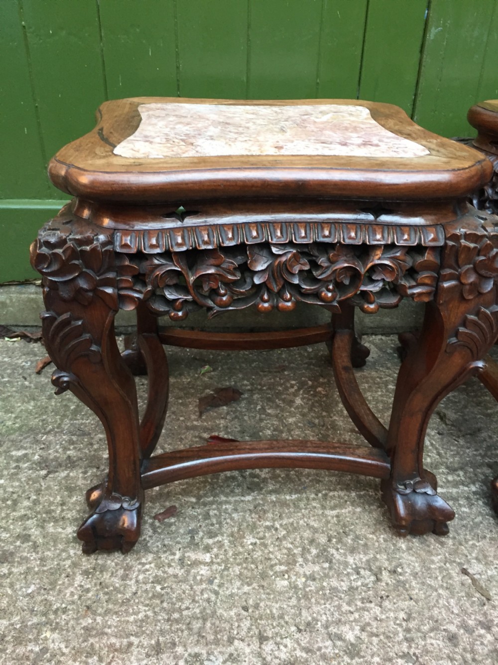 Pair of late C19th Chinese Qing Dynasty carved hardwood inset marble top low jardiniere stands or end tables. View VII